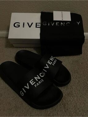 Givenchy Black Logo Slide Sandals with White Lettering